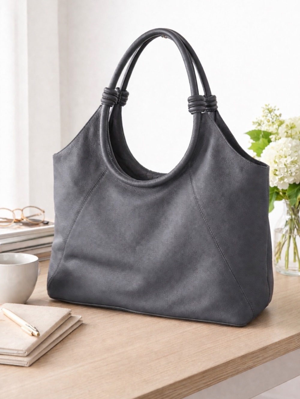 J. Jill Pure Jill Leather Hobo Bag | Gray Slouchy Shoulder Bag | Large Tote